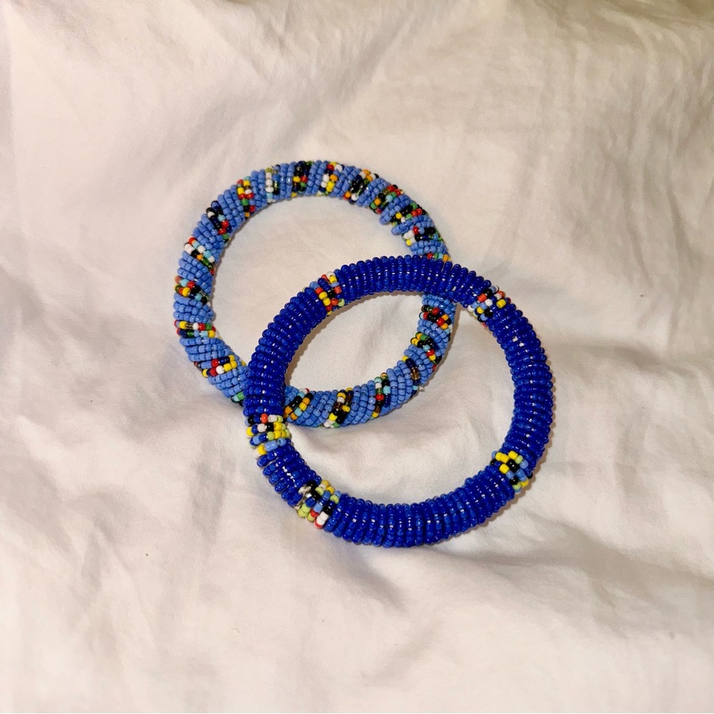 Handmade Maasai Beaded Bangle Bracelets from Kenya Africa Set of 2 | Multicolor